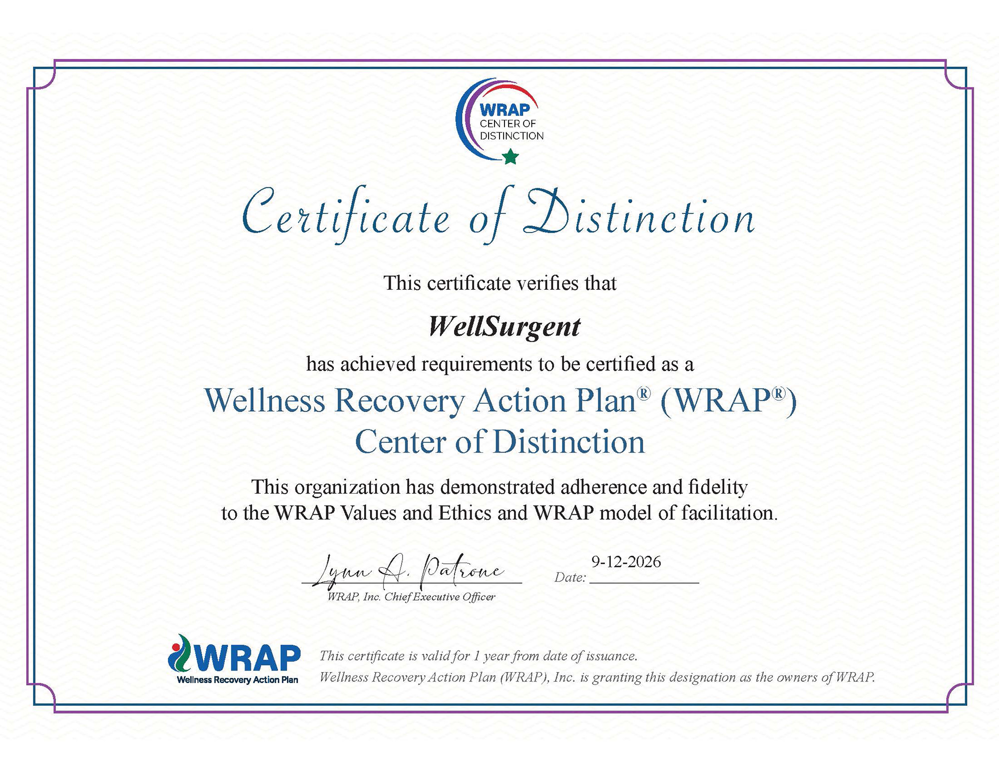 Official WellSurgent WRAP Center of Distinction certificate dated September 12, 2026.